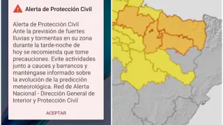 Combo de la alerta recibida en los móviles y el mapa con la previsión meteorológica de la Amete, que avisa de nivel naranja en zonas de Huesca