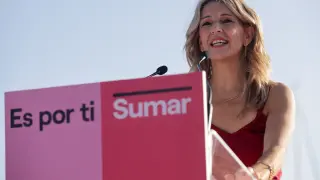 Spain's left-wing Sumar leader Yolanda Diaz speaks at the opening campaign rally ahead of the July 23 snap election, in A Coruna, Spain, July 6, 2023. REUTERS/Miguel Vidal