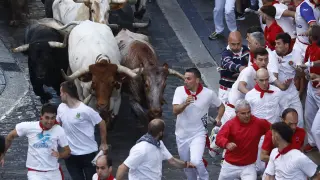Los toros de la ganadería de José Escolar entran en la calle de Mercaderes en el segundo encierro de las fiestas de San Fermín 2023.