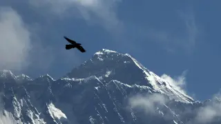 FILE - A bird flies with Mount Everest seen in the background from Namche Bajar, Solukhumbu district, Nepal, May 27, 2019. A helicopter flying out of the Mount Everest area in Nepal carrying foreign tourists was missing Tuesday and contact was lost with the aircraft. The helicopter was carrying five foreign tourists on a sightseeing tour to the world’s highest peak and was returning to the capital, Kathmandu, on Tuesday morning. (AP Photo/Niranjan Shrestha, File)