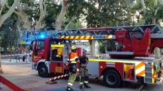 Vehículo de los bomberos en la zona de juegos infantiles del parque Miguel Servet de Huesca este viernes.