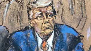 Former U.S. President Donald Trump faces charges before Magistrate Judge Moxila A. Upadhyaya that he orchestrated a plot to try to overturn his 2020 election loss, at federal court in Washington, U.S. August 3, 2023 in a courtroom sketch. REUTERS/Jane Rosenberg