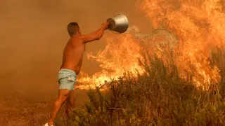 Un hombre trata de extinguir las llamas en el incendio de Odemira, Portugal.