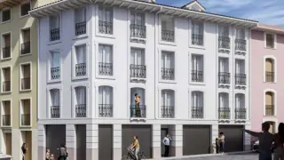 Recreación de un edificio de obra nueva en la calle de Ramiro I, en Jaca.