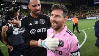 Aug 19, 2023; Nashville, TN, USA; Inter Miami forward Lionel Messi (10) reacts with goalkeeper Drake Callender (1) after winning the Leagues Cup Championship match against Nashville SC at GEODIS Park. Mandatory Credit: Christopher Hanewinckel-USA TODAY Sports