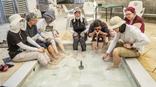 -FOTODELDÍA- LOGROÑO (LA RIOJA), 24/08/23.- Los peregrinos coreanos que vistan Logroño se refrescan en la fuente del albergue logroñés para poder sobrellevar las altas temperaturas provocadas por la ola de calor que afecta a La Rioja. EFE/Fernando Díaz