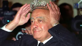 FILED - 03 January 2001, United Kingdom, London: Then Harrods owner Mohamed Al Fayed doning a Victorian emerald and diamond tiara, reduced from 78,000 to 58,500, after Welsh singer Charlotte Church opened the Knightsbrid