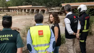 La presidenta de la Comunidad de Madrid, Isabel Díaz Ayuso, durante una visita al municipio de Aldea del Fresno, uno de los más afectados.