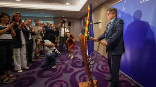 Catalan separatist leader Carles Puigdemont addresses a press conference in Brussels, Belgium September 5, 2023. REUTERS/Yves Herman SPAIN-POLITICS/PUIGDEMONT