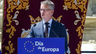 El embajador de Suecia en España, Teppo Tauriainen, interviene durante el acto solemne del 43º Aniversario del izado de la bandera de Europa, el pasado 9 de mayo de 2023, en Madrid (España).
