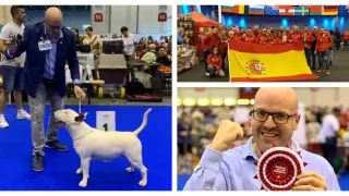 Joaquín Sonsona, en Ginebra con Elton, el perro bull terrier que logró el título de campeón del mundo, con los participantes españoles y con el premio que obtuvo.