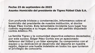 Comunicado del asesinato de Edgar Paéz, de Tigres.