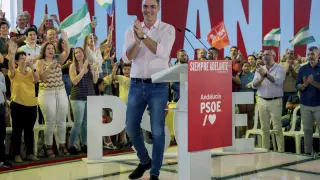 Pedro Sánchez participa en un acto del PSOE en la Rinconada, este sábado.