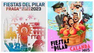 Carteles de las Fiestas del Pilar 2023 en Fraga y Calanda.