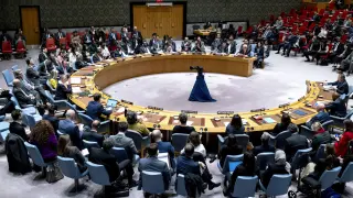El embajador palestino ante la ONU, Riyad Mansour, al fondo a la derecha, se dirige a los miembros del Consejo de Seguridad de la ONU en la sede de la ONU.