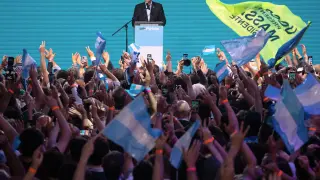 22 October 2023, Argentina, Buenos Aires: Sergio Massa, Argentine Minister of Economy and presidential candidate, addresses his supporters at the campaign headquarters after polls closed in the general election. Massa wo