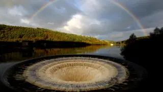 A Ladybower reservoir plug hole is seen after heavy rain from Storm Babet