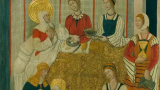 Retablo del Nacimiento de la Virgen, obra del taller de Pedro García de Benabarre (S.XV), Museo Nacional d'Art de Catalunya.