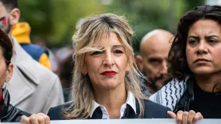 Yolanda Díaz, vicepresidenta segunda del Gobierno y líder de Sumar, en la manifestación en Madrid contra la guerra en Gaza.