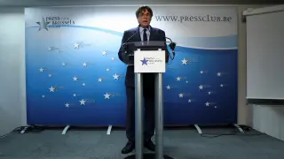 Catalan separatist leader Carles Puigdemont delivers a statement after a deal was signed with Spanish Socialist Workers Party (PSOE) for Spanish government support, which is expected to include an amnesty law for Catalan separatist activists, in Brussels, Belgium November 9, 2023. REUTERS/Yves Herman [[[REUTERS VOCENTO]]]
