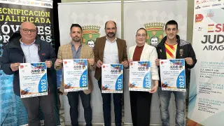Clager, Albert, Torres, Berrocal y Clemente, en la presentación de la Copa de España de judo de Barbastro.