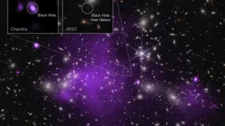 Estas imágenes muestran el cúmulo de galaxias Abell 2744 detrás del cual se encuentra UHZ1, en rayos X de Chandra y datos infrarrojos de Webb, así como primeros planos de la galaxia anfitriona del agujero negro UHZ1