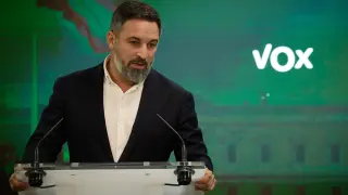 El presidente de Vox, Santiago Abascal, ofrece una rueda de prensa tras la reunión del Comité de Acción Política de Vox