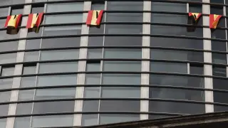 Vox cuelga banderas de España con crespones y el escudo recortado en ventanas del Congreso