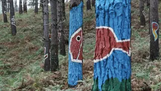 Dibujos pintados en árboles el día de reapertura del Bosque de Oma, a 27 de octubre de 2023, en Kortezubi, Vizcaya, País Vasco (España). El Bosque de Oma es una obra artística creada por el escultor y pintor Agustí