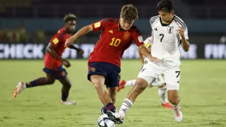 El turolense Juan Hernández, durante el España-Japón de los octavos de final del Mundial sub-17.