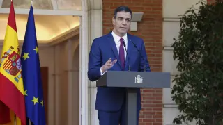 El presidente del Gobierno, Pedro Sánchez, durante su comparecencia sin preguntas en el Palacio de la Moncloa