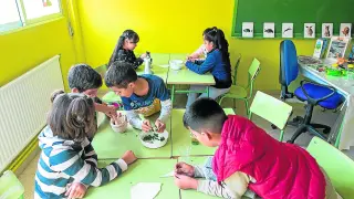 Alumnos de 3º de Primaria del colegio Ciudad de Zaragoza hacen un experimento extrayendo la clorofila de las espinacas en el desdoble de Ciencias Naturales