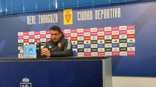 Julio Velázquez, al inicio de la rueda de prensa de esta tarde de jueves, previa al partido con el Espanyol.