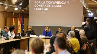 La consejera de Educación, Claudia Pérez Forniés, en el centro, presidiendo la reunión del Observatorio Aragonés por la convivencia y contra el acoso escolar.