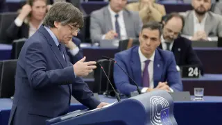 Strasbourg (France), 13/12/2023.- Former Catalan regional premier Carles Puigdemont speaks during a debate on 'Review of the Spanish Presidency of the Council' at the European Parliament in Strasbourg, France, 13 December 2023. (Francia, Estrasburgo) EFE/EPA/RONALD WITTEK