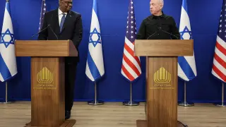 U.S. Secretary of Defense Austin and Israeli Defense Minister Gallant hold a joint press conference at Israel's Ministry of Defense, in Tel Aviv