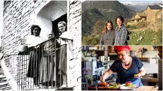 María Buil Nerín (i), inspiradora de este proyecto, en la casa familiar de Boltaña. A la dcha., Aina y Sara, pastoras y queseras, y Mayte, cocinera en un restaurante vegetariano del Sobrarbe.