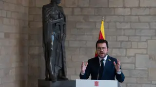 El president de la Generalitat de Catalunya, Pere Aragonès, comparece tras su reunión con el presidente del Gobierno, Pedro Sánchez, en el Palau de la Generalitat