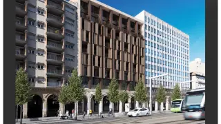 Recreación del edificio de pisos de lujo en la antigua sede la CAI en el paseo de la Independencia de Zaragoza.