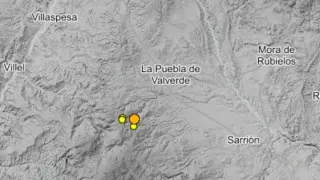 Ubicación de los terremotos registrados entre Camarena de la Sierra y Torrijas.