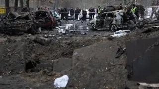 Daños causados por un ataque ejecutado por el Ejército de Rusia contra la capital de Ucrania, Kiev