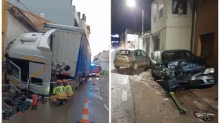 El camión colisionó con varios coches y se empotró contra una fachada