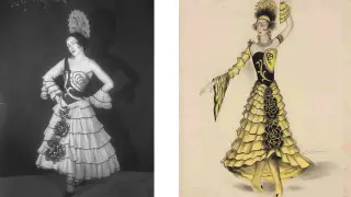 Una bailarina y un figurín del ballet ruso, con música de Glinka, 'Jota Aragonesa'.
