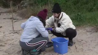 Voluntarios se afanan en limpiar de pellets la playa coruñesa de Boa