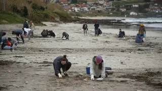 Voluntarios recogiendo pellets en la playa de Nigran