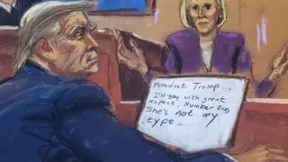 Ilustración sobre el juicio por difamación contra Donald Trump