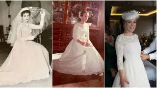 De izquierda a derecha, un vestido de novia y tres generaciones: María Jesús Ozcáriz, quien lo estrenó el para su boda en 1957; su María Jesús Lorente, en 1983, y Paula Garfella, la última en lucirlo, en noviembre pasado