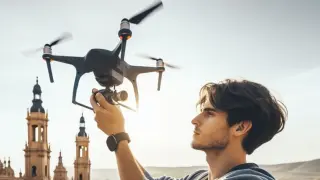 Una ilustración de un joven volando un dron sobre Zaragoza