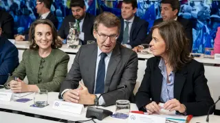 (I-D) La secretaria general del Partido Popular, Cuca Gamarra; el líder del PP, Alberto Núñez Feijóo, y la vicesecretaria de Organización Territorial del PP, Carmen Fúnez, durante la Junta Directiva Nacional del Partido Popular, en la sede de Génova, a 29 de enero de 2024, en Madrid (España). Durante el encuentro, han analizado la ofensiva política, jurídica y social de la formación contra la Ley de Amnistía, que se aprobará al día siguiente en el Pleno del Congreso para remitirla al Senado. Además, se ha celebrado a pocos días de que arranque la campaña gallega, en la que el partido apoyará al presidente de la Xunta y candidato a la reelección, Alfonso Rueda...29 ENERO 2024;MADRID;REUNIÓN JUNTA DIRECTIVA PP;GÉNOVA;AMNISTÍA;CAMPAÑA GALLEGA..A. Pérez Meca / Europa Press..29/01/2024 [[[EP]]]