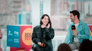 Los presentadores del Benidorm Fest 2024 Ruth Lorenzo y Marc Calderó durante una rueda de prensa del Benidorm Fest 2024.